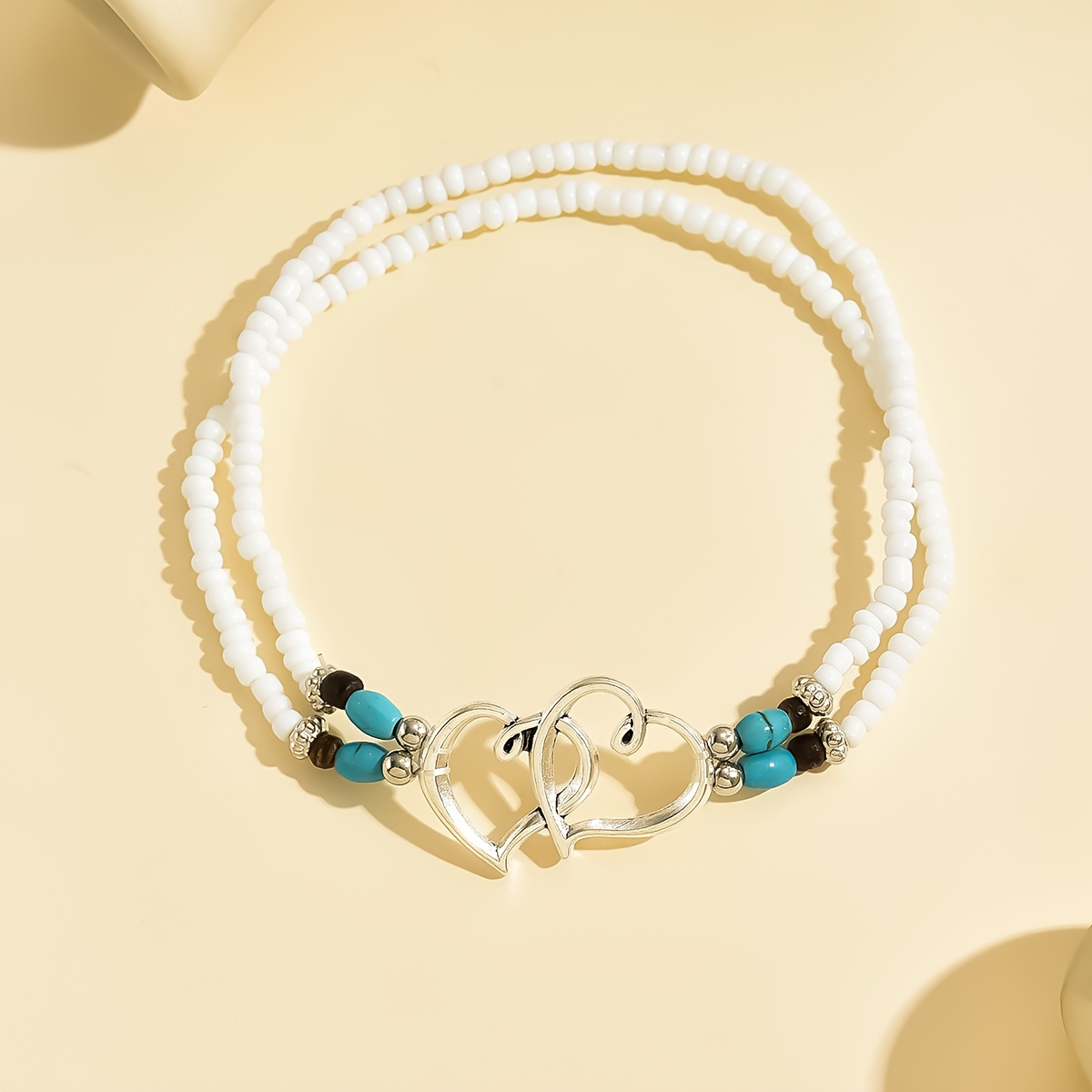 Bohemian Glass Rice Bead Double Heart Elastic Anklet